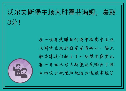 沃尔夫斯堡主场大胜霍芬海姆，豪取3分！